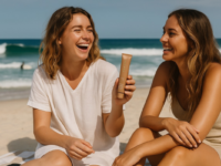 AI-generated image of two girls on a beach with sunscreen.