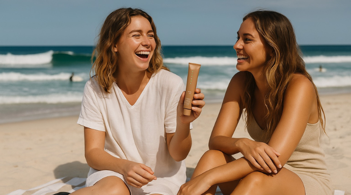 AI-generated image of two girls on a beach with sunscreen.