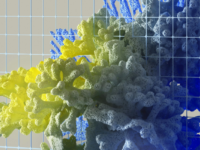 Abstract depiction of an AI safety measures. A pixelated substance turning yellow as it travels through a net.