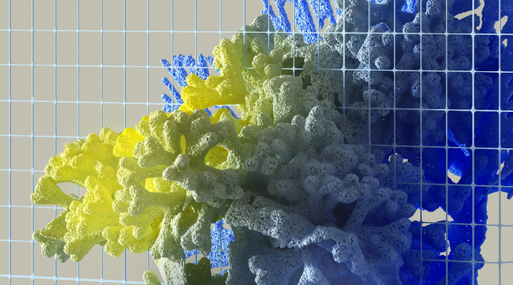 Abstract depiction of an AI safety measures. A pixelated substance turning yellow as it travels through a net.