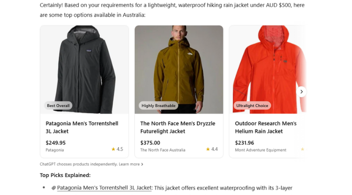 ChatGPT shopping results example