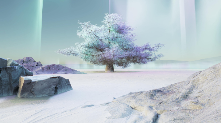 AI-generated white wintry landscape with tree and rocks
