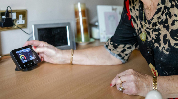 Elderly woman using smart meter
