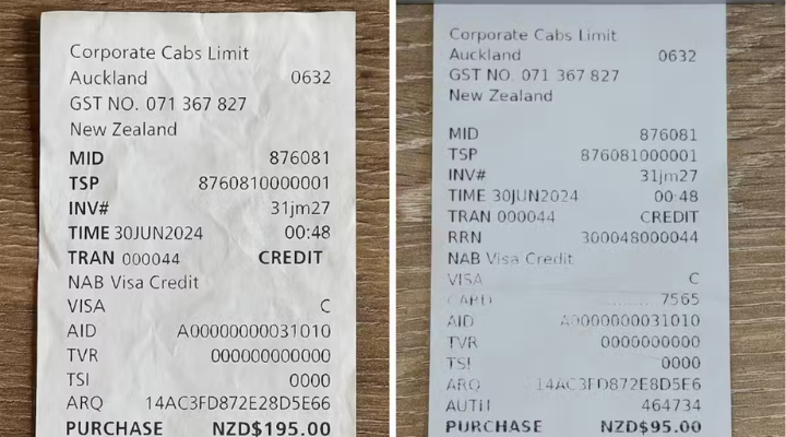 Fake and real receipts side by side.