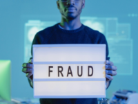 Man holding up fraud sign