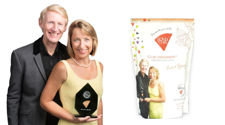 Martin and Melissa, owners of Bondi Chai, pictured beside their chai latte packaging.