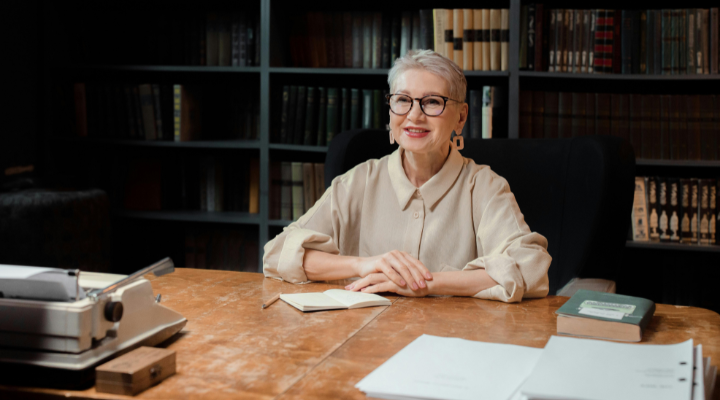 A woman sitting at a desk in front of a bookshelf with her arms folded.