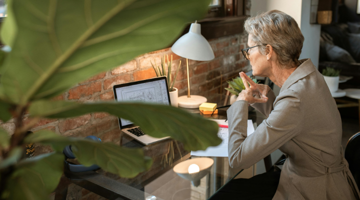 A woman works on a laptop at a desk with a houseplant in the foreground.